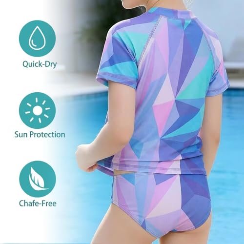Image of Girls Two Piece Swimsuits Short Sleeve Rash Guard Swim Shirt Bikini Bottom Swim Set Bathing Swim Set Swimwear 3-16 Years