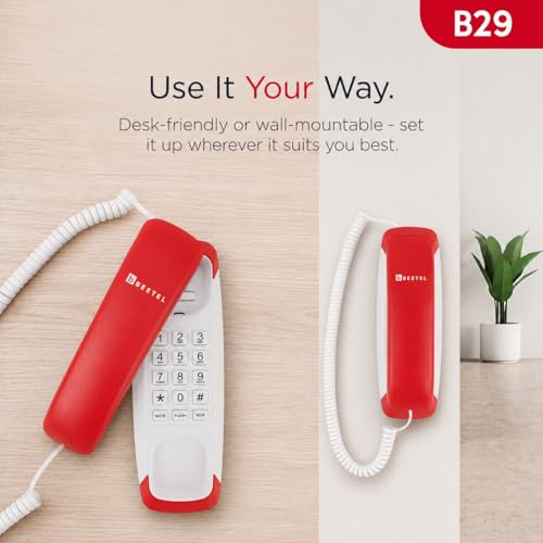Image of Beetel B29 Designer Slim and Stylish Corded Landline Phone,Ringer Volume Control,Wall /Desk Mountable,Clear Call Quality,Compact Design,Tone Pulse /Flash /Redial Function (Made in India) (Red White)(B29)