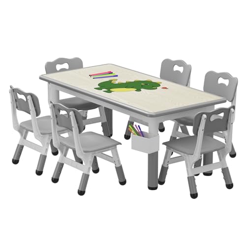 Crevyteg Juego de mesa y sillas para niños, altura ajustable, escritorio de actividades para niños con 6 asientos, multifuncional para estudio, arte, jugar, comida, guardería, guardería