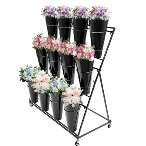 Présentoir à fleurs mobile à 4 niveaux avec 12 seaux – Présentoir floral multifonction pour mariages, jardins, événements et fleuristes – et élégant nizer pour plantes