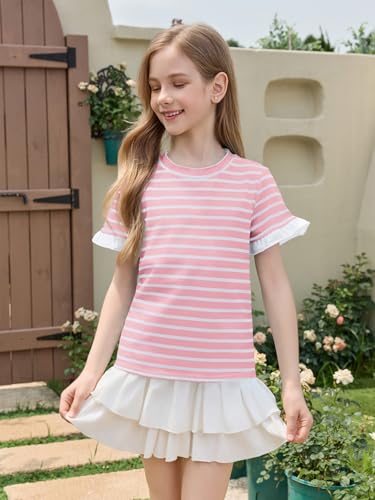 Image of Haloumoning Girls Striped Ruffle Short Sleeve T Shirts Kids Summer Crewneck Tops Casual Tees 5-14 Years