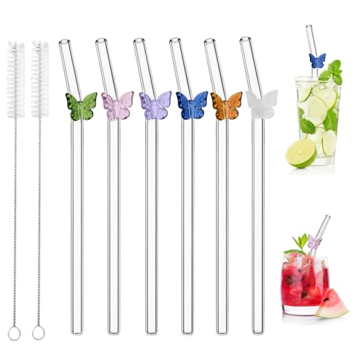Lot de 6 pailles en verre réutilisables avec brosses de nettoyage pour jus, cocktails, smoothies, café, lait (papillon)