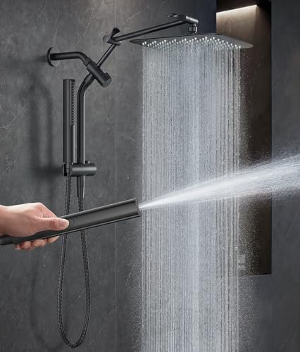 Image of Veken All Metal 10 inch Black Shower Head with Handheld, Luxurious Square Double Rain Shower Heads with Spray Combo, Dual High Pressure Detachable Rainfall Showerhead with Arm,Bathroom Upgrade,Matte Black