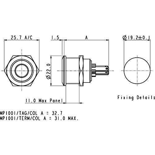 Unbekannt Bulgin MPI002/28/BL - Pulsante A Pressione Per Vandalismo, 24 V/Dc 0,05 A, 1 Spento/(On), IP66, 1 Tasto - 2