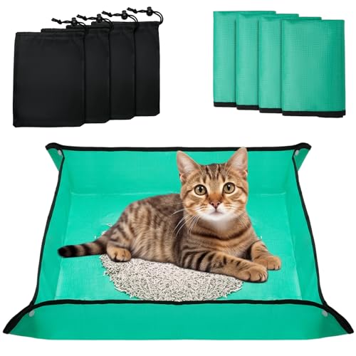 Plus tard 4 Pcs Portable Travel Litter Box for Cats, 26 x 26 inch Foldable and Packable Pet Litter Box with 4 Storage Bags for Car Travel, Large Sized Waterproof for Plane, Camping and Hotel