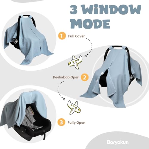 Image of Muslin Car Seat Cover for Babies, Baby Carseat Cover for Boys Girls, Breathable Infant Car Seat Canopy, Multiuse Baby Carrier Cover & Nursing Breastfeeding Cover(Blue)