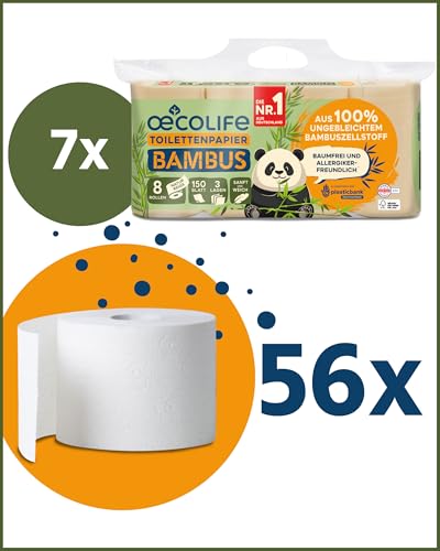 œcolife Toilettenpapier Bambus, 56 Rollen à 150 Blatt, 3-lagig, superweich, von Dermatest geprüft, nachhaltiges Klopapier, sanft zur Haut, beiges Papier