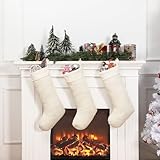 Outus 3 Pcs Velvet Christmas Stockings 19 Inch Large Xmas Stockings with Plush Cuff Fireplace Hanging Soft Velvet Decoration for Christmas Family Mantel Decoration Party(Beige)