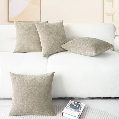 Image of CaliTime Throw Pillow Covers Decorative 18 X 18 Inches Pack of 4 Cozy Chenille Cushion Cases for Couch Sofa Bed Living Room Home Light Taupe