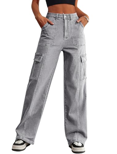 Eddoyee Cargo Jeans Women Drawstring Ankle Cuffs Stretch High Waisted 6 Pockets Straight Wide Leg Casual Denim Baggy Pants(Gray Jeans, Large)