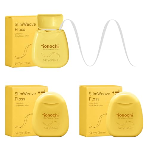 Tonochi SlimWeave Flat Dental Floss for Tight Teeth & Tight Spaces – Extra Thin, Smooth-Glide, Gentle on Gums, Mint + Xylitol, 3-Pack (50 m Each)