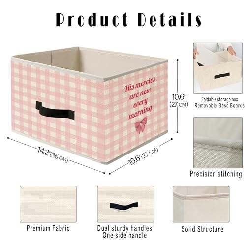 Image of Pink Checkered Christian Storage Bins, Coquette Pink Bow Bible Verse Preppy Collapsible Fabric Storage Basket Organizer for Clothes Toys Books Girls Bedroom Dorm