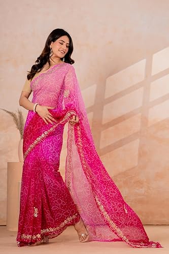 Image of Women's Ombre Net Saree with Gold Sequin Embellishments | Festive Saree for Women | Wedding, Reception and Evening Function Ethnic Wear | Pink