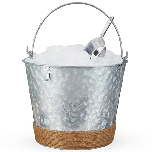 Twine Farmhouse Ice Bucket with Scoop - Beverage Tub Wrapped with Rope for Parties - Galvanized Metal Bucket Cooler & Drink Tub Holds 1 Gallon