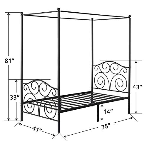 Image of VECELO 4 Corner Metal Canopy Bed Frame, Platform Mattress Foundation, Four Corner Bedding Mosquito Netting Bracket, No Box Spring Needed (Matte Black, Twin)