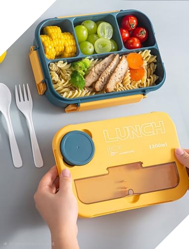 Cilox Bento Lunch Box for Kids with 4 Compartments 1300 ml (44 OZ), Utensils and Leak-Proof Lid, Microwave and Dishwasher Safe, Bento Box Adult Blue and Yellow - image 1