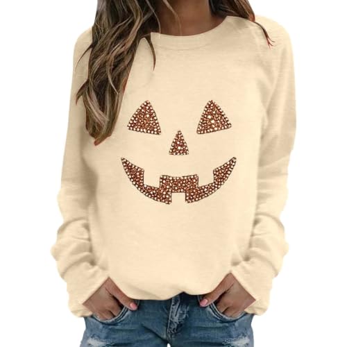 Halloween Womens Sweatshirt Funny Rhinestone Pumpkin Face Sweatshirts Crew Neck Long Sleeve Spooky Season Pullover - image 1