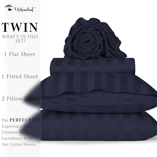 URBANHUT 800 Thread Count Egyptian Cotton Damask Striped Twin Size Sheets Set (4 Pc) - Ultra Soft & Smooth, Sateen Weave Twin Size Bed Sheets, Luxury Hotel Sheets with 16" Deep Pocket - Navy Blue