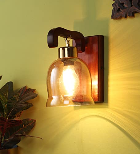 Image of Green House Handmade Sheesham Wood Wall Light /Lamp /U-Downlight Design /Lustre Bell Glass /E27 Bulb Holder(Bulb not Included) /Living Room,Bedroom,Hall /Luxurious /Classic Home Decor Lighting