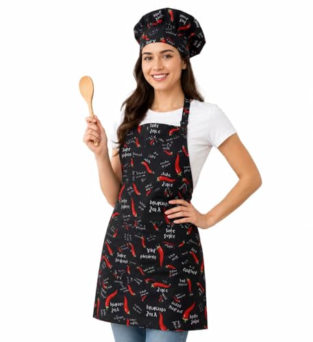 Morwealth Avental de cozinha, 2 peças avental cozinha mulher homem com chef e gorro, avental ajustável com 2 bolsos, avental com peito, para casa, restaurante, churrasco,, Vermelho