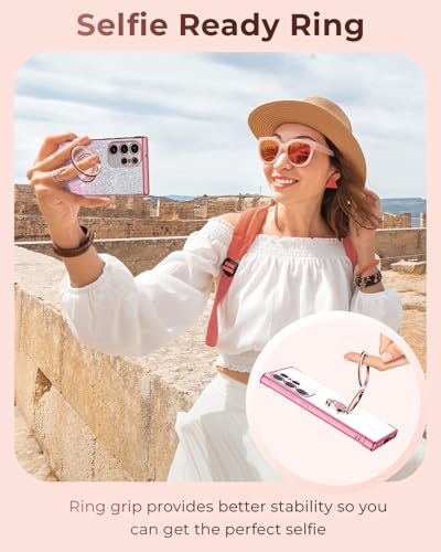 Image of XYZ for Samsung Galaxy S23 Ultra Case with Stand, Galaxy S23 Ultra Case with Double Ring, Women Girls Bling Luxury Glitter Clear Phone Case Cover Heart for Samsung Galaxy S23 Ultra, Rose Gold