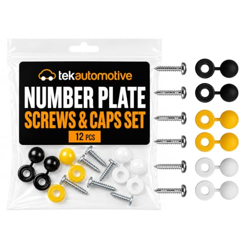 Tek Automotive Number Plate Screws and Caps Kit 12 Pcs | Black White Yellow Screw Caps with Self Tapping Screws