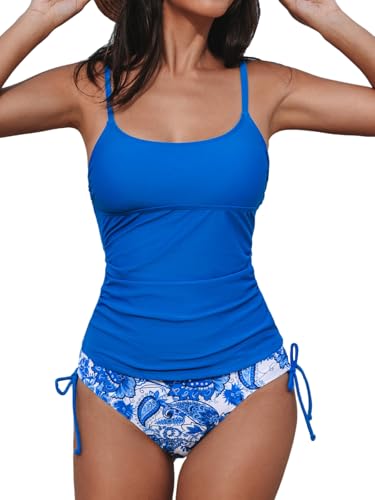 CUPSHE Tankini pour femme - Maillot de bain deux pièces - Col rond - Bretelles réglables - Cordon de serrage - Taille mi-haute, Bleu roi/floral, Taille M