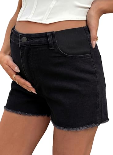 BLENCOT Maternity Jeans Shorts for Women Mid Waisted Frayed Hem Stretchy Denim Shorts Comfy Pregnancy Summer Clothes Fashion 2026 Black Large