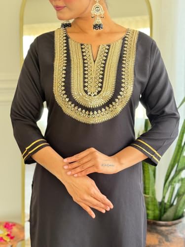 Image of Yashika Women's Black Embroidered Cotton Slub Fabric Straight Kurta, Pant and Dupatta Set | Kurta Set for Women