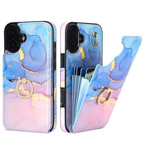 HAOPINSH for iPhone 16 Plus Wallet Case with Card Holder, 360°Rotation Ring Kickstand, Pink Blue Marble Pattern, RFID Blocking Leather for Girls Women, Double Buttons Protective Cover 6.7"