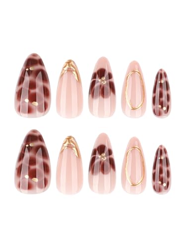 Image of Secret Lives Elegant Nude Pink Press-On Nails with Gold French Tip & 3D Floral Design - Almond Shape Reusable False Nails Glossy Finish 24-Pieces Nail Kit