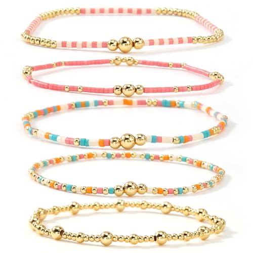 Dainty 14K Gold Beaded Bracelet Stack Set for Women,5PCS Bohemian Stretch Pink Seed Beads Stackable Bracelet Fashion Holiday Festival Accessories Jewelry Gift Friendship