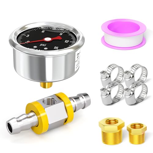 MEANLIN MEASURE 0-15Psi Stainless Steel Glycerin Filled Pressure Gauge 1/8" NPT 1.5" Black Dial, with 3/8" Barb Pressure Adapter Liquid Filled Pressure Gauge (9Pieces Kit, Back Mount)