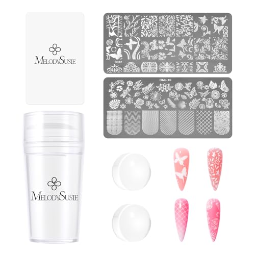 MelodySusie Nail Stamper Kit Silicone French Tip Stamp Tool 1PC Stamper 1PC Scraper 2PCS Stamping Plates 2PCS Silicone Replaceable Heads for DIY Home French Manicure & Salon Art Transparent
