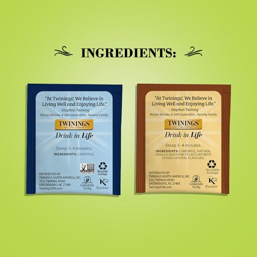Twinings Camomile Herbal Tea Bag Variety 2-Pack – Pure + Honey & Vanilla Naturally Caffeine-Free Teas, 20 Count Each