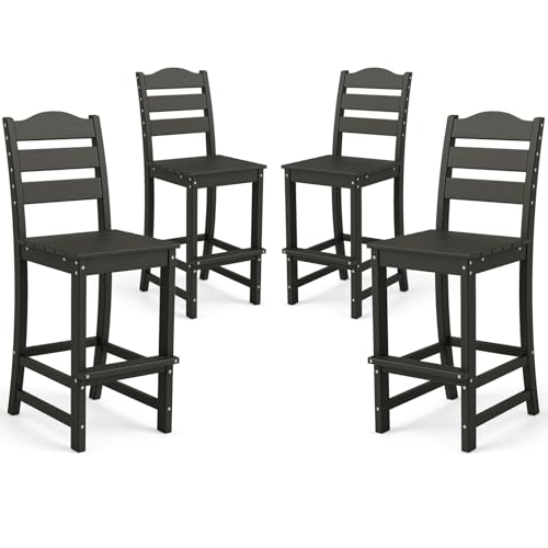Image of Tangkula Patio HDPE Barstool, Outdoor High Top Bar Chair w /Backrest & Footrest, All-Weather Wood-Plastic Bar Height Chair for Poolside, Backyard, Porch (4, Black)