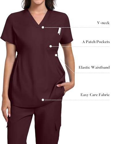 شاترين قمصان طبية قطنية باكمام قصيرة ورقبة على شكل حرف V للنساء مع جيب واحد، لون احمر نبيذي، مقاس L