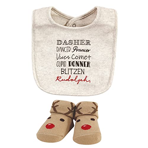 Image of Hudson Baby Unisex Baby Cotton Bib and Sock Set, Rudolph, One Size