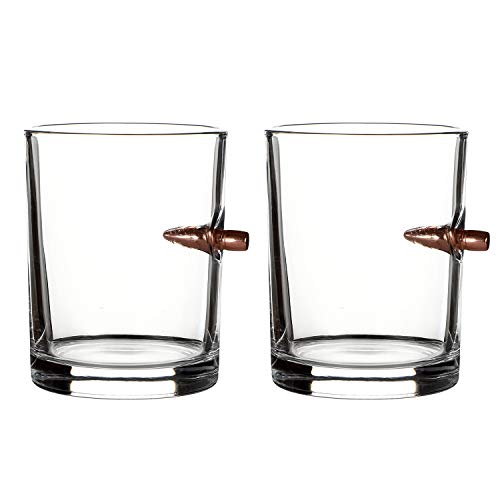 ❤ Crazy Deals Houseables .308 Bullet Glasses, Glass Whiskey Cups, 9.5 OZ, 2 Pk, Rocks Cup, Drinking Lowball w/Round Embedded, Old Fashioned, Scotch, Bourbon, Copper Projectile, Cocktails, Gift Set, Gift for Men