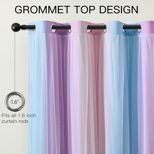 Image of XiDi Double Layer Curtains with Sheer Overlay for Girls Bedroom Living Room 2 Panels 96 Inches Long Colorful Rainbow Blackout Curtains for Kids Unicorn Princess Grommet Drapes Pink Purple W34 x L96