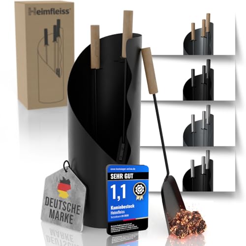 Heimfleiss® Kaminbesteck Schwarz Modern | Kaminzubehör mit Holzgriffen | Ofenbesteck Kaminbesteck Set | Hochwertiges Kaminset aus Schürhaken & Kehrset | Kaminofen Besteck | Kamingarnitur für Ofen
