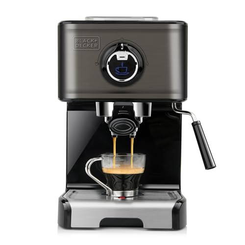 BLACK+DECKER BXCO1200E - Machine à Expresso 1200 W, 15 Bars, Réservoir 1,2 L, pour Dosette et Moulu, 2 Tasses, Buse Vapeur, Plaque Chauffante, Noir et Inox
