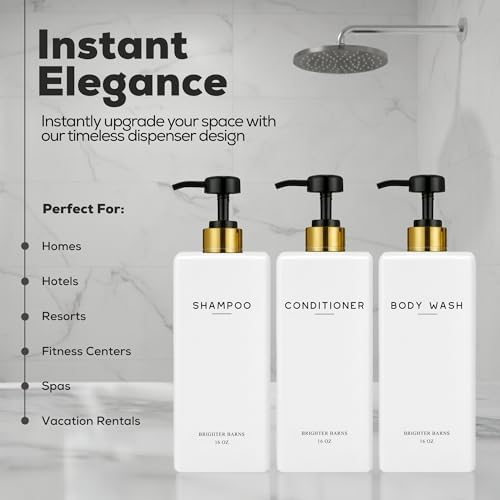 White Shampoo and Conditioner Dispenser Set by Brighter Barns - Refillable Shampoo and Conditioner Bottles - Reusable Shower Soap Dispenser in Hotel, Gold Bathroom, Guest House, Modern Airbnb (White) - 1