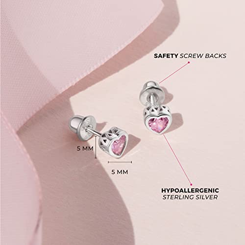 925 Sterling Silver 5mm Girls CZ Heart Earrings Simulated Birthstone Bezel with Screw Back Stud Baby Earrings - Safety Screw Back for Toddlers - Quality Heart Cubic Zirconia Earrings for Kids4