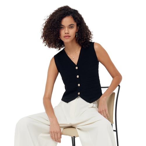 Image of Women's Striped Cropped Knit Vest - Sleeveless V Neck with Gold Buttons, Business Casual Multi-Season Layering Top