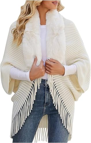 Winter Knit Fringe Fur Collar Shawl, Ladies Knitted Loose Thickened Shawl With Fringe Fur Collar