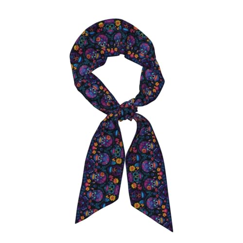 Sugar Skull Day of The Dead Flowers Women's Head Scarf Thin Long Neck Scarves Fashion Hairband Waistband Purse Scarf
