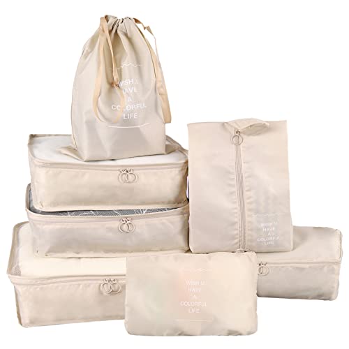 Koffer Organizer Set, Reise Packing Cubes für Koffer, Packwürfel für Kleidung, Packtaschen Kleidertaschen Schuhbeutel Reiseorganizer Kosmetik Travel Organizer 7-teilig Beige Cover