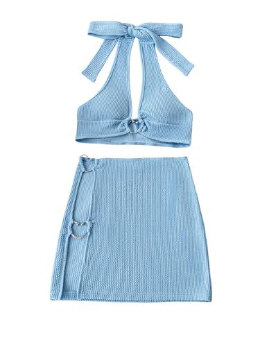 MakeMeChic Women's 2 Piece Cover Up Sets Halter Tie Back Heart Ring Beach Bathing Suit Coverup