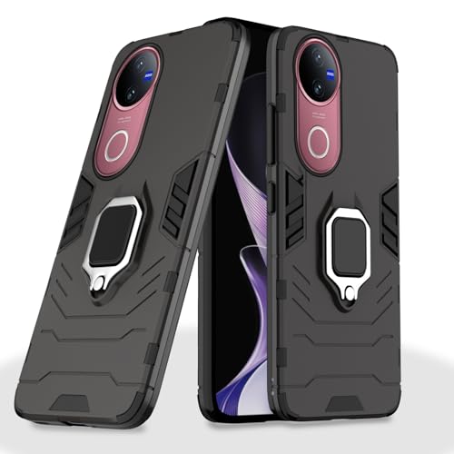 Image of Pikkme Back Cover for iQOO Z10R 5G / Vivo V50 5G / V50e 5G / Vivo T4R 5G | 360 Protection | Ring Holder | Kickstand | Tough Armor Case (Black)